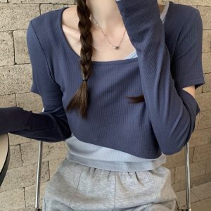 Y2K K-Pop Inspired Girl Group Dance Outfit - Jazz Dancing Top with Fake Two-Piece Layer for Music Festival Style