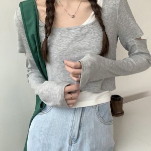 Y2K K-Pop Inspired Girl Group Dance Outfit - Jazz Dancing Top with Fake Two-Piece Layer for Music Festival Style