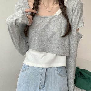 Y2K K-Pop Inspired Girl Group Dance Outfit - Jazz Dancing Top with Fake Two-Piece Layer for Music Festival Style