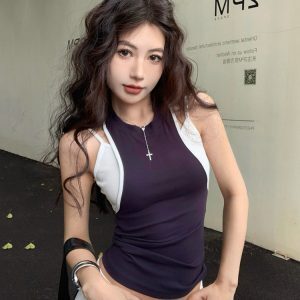 Y2K Kpop Fake Two-Piece Short Vest for Women, Slim Fit Jazz Dance Top, Spicy Girl Dance Outfit