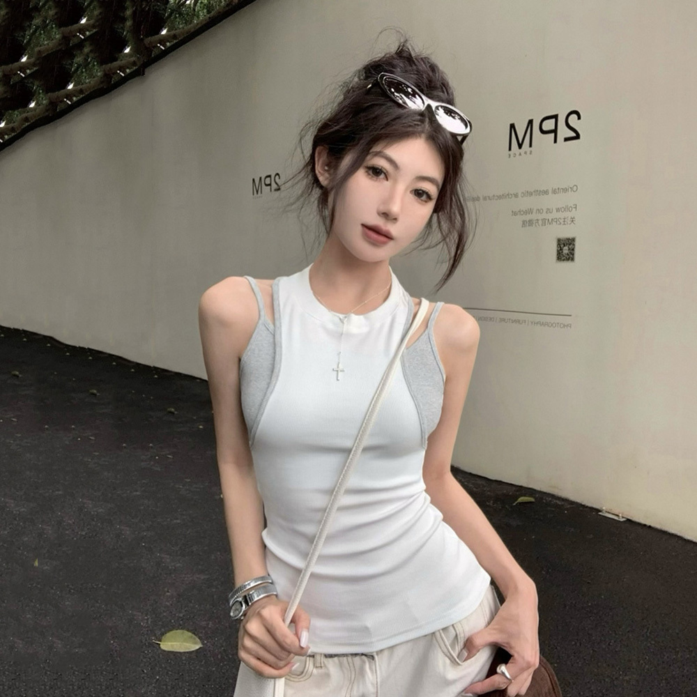 Y2K Kpop Fake Two-Piece Short Vest for Women, Slim Fit Jazz Dance Top, Spicy Girl Dance Outfit
