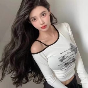 Y2K Long Sleeve Crop Top for Women, Sweet and Spicy K-Pop Jazz Dance T-Shirt, Trendy Casual Fashion
