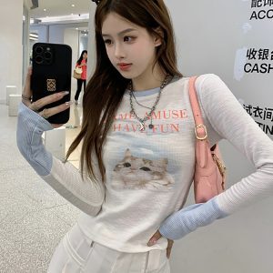 Y2K Long Sleeve T-Shirt for Women - Sweet and Spicy Wasteland Wind Top for Music Festivals, Jazz Dancing, K-Pop Style