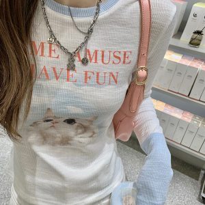 Y2K Long Sleeve T-Shirt for Women - Sweet and Spicy Wasteland Wind Top for Music Festivals, Jazz Dancing, K-Pop Style