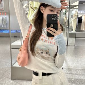 Y2K Long Sleeve T-Shirt for Women - Sweet and Spicy Wasteland Wind Top for Music Festivals, Jazz Dancing, K-Pop Style