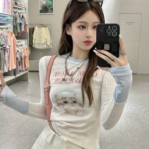 Y2K Long Sleeve T-Shirt for Women - Sweet and Spicy Wasteland Wind Top for Music Festivals, Jazz Dancing, K-Pop Style