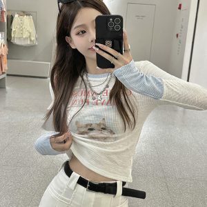 Y2K Long Sleeve T-Shirt for Women - Sweet and Spicy Wasteland Wind Top for Music Festivals, Jazz Dancing, K-Pop Style
