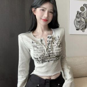 Y2K Long Sleeve T-Shirt for Women, American Jazz Dance Top, K-Pop Inspired Performance Outfit, Trendy Spicy Girl Style