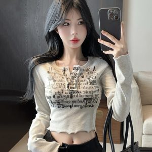 Y2K Long Sleeve T-Shirt for Women, American Jazz Dance Top, K-Pop Inspired Performance Outfit, Trendy Spicy Girl Style