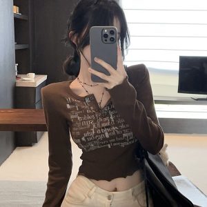Y2K Long Sleeve T-Shirt for Women, American Jazz Dance Top, K-Pop Inspired Performance Outfit, Trendy Spicy Girl Style