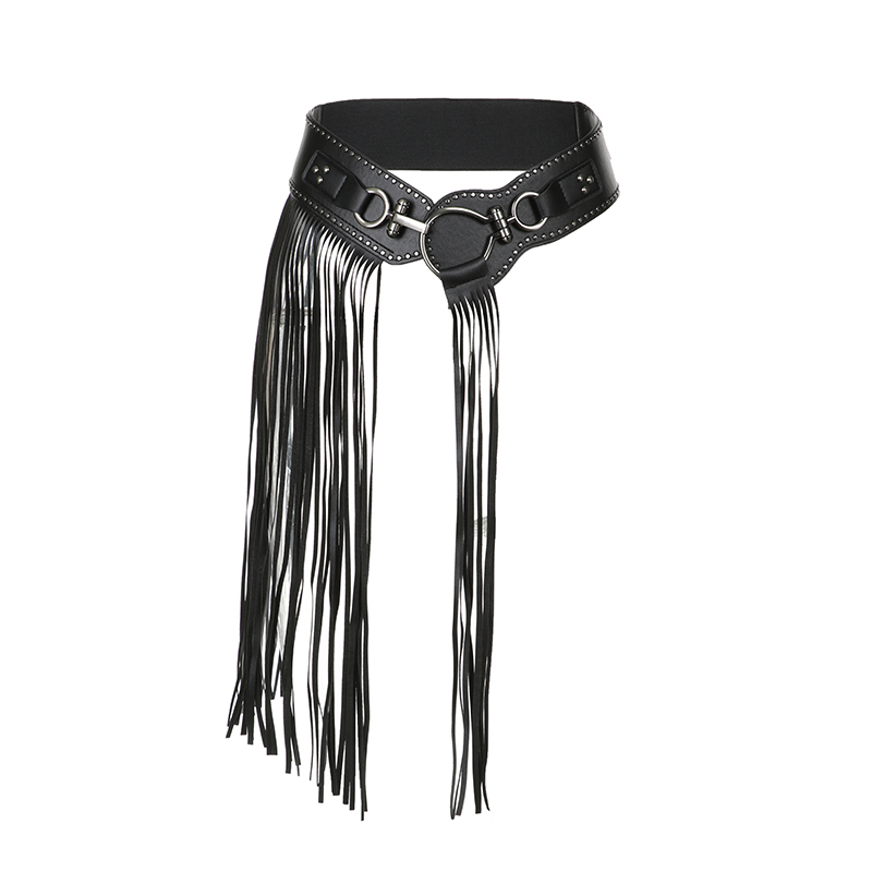 Y2K Millennial Spicy Girl PU Wide Waist Belt with Tassel Edge and Hanging Buckle - Hip-Hop Dance Accessory Trend