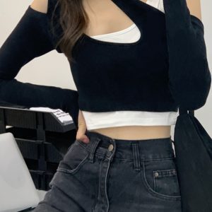 Y2K Off-Shoulder Layered Top for Women - Sweet and Spicy Clubbing Style Inspired by HyunA - Trendy Energetic Girl Outfit