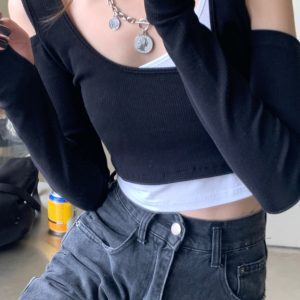 Y2K Off-Shoulder Layered Top for Women - Sweet and Spicy Clubbing Style Inspired by HyunA - Trendy Energetic Girl Outfit