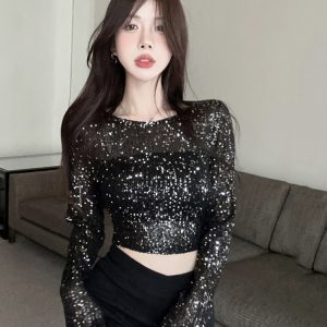 Y2K Sequin Top for Girls - Sweet & Spicy Performance Shirt for Jazz Dance & K-Pop Group Outfits