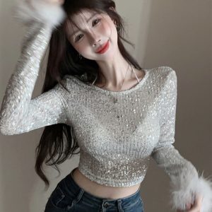 Y2K Sequin Top for Girls - Sweet & Spicy Performance Shirt for Jazz Dance & K-Pop Group Outfits