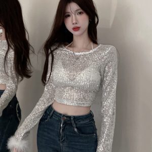 Y2K Sequin Top for Girls - Sweet & Spicy Performance Shirt for Jazz Dance & K-Pop Group Outfits