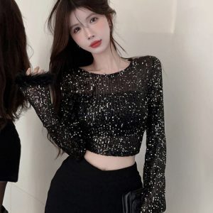 Y2K Sequin Top for Girls - Sweet & Spicy Performance Shirt for Jazz Dance & K-Pop Group Outfits
