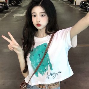 Y2K Short-Sleeved Jazz Dance Top for Women, Sweet and Spicy European American Style T-Shirt
