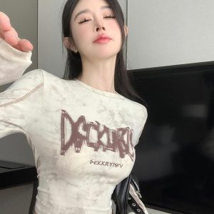 Y2K Slim Fit Printed Long Sleeve T-Shirt for Women, Jazz Dance Outfit, Group Style, Stretchy Short Top
