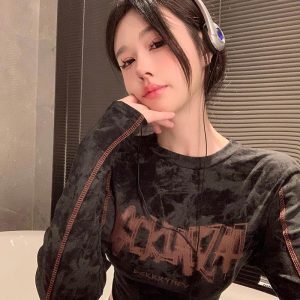 Y2K Slim Fit Printed Long Sleeve T-Shirt for Women, Jazz Dance Outfit, Group Style, Stretchy Short Top