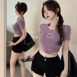 Y2K Slim Fit Short Sleeve Jazz Dance Top for Women - Sweet Cool Spicy Girl Design, Perfect for Dance and Casual Wear