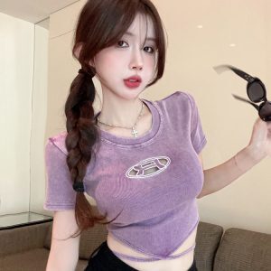 Y2K Slim Fit Short Sleeve Jazz Dance Top for Women - Sweet Cool Spicy Girl Design, Perfect for Dance and Casual Wear