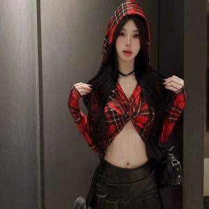 Y2K Spicy Girl Plaid Long Sleeve V-Neck Cropped T-Shirt - Sexy Jazz Dance Top for Trendy Women