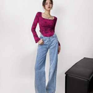 Y2K Spicy Girl Tie-Dye Square Neck Flared Long Sleeve T-Shirt with Pleated Waist and Slimming Curved Hem for Women