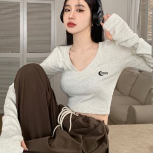 Y2K Spicy Short V-Neck Slim Fit T-Shirt for Women - Jazz Pure Desire Early Autumn Fitted Base Layer Top