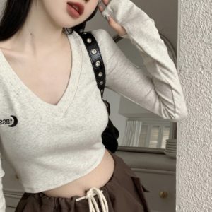 Y2K Spicy Short V-Neck Slim Fit T-Shirt for Women - Jazz Pure Desire Early Autumn Fitted Base Layer Top
