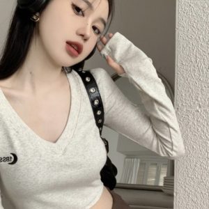 Y2K Spicy Short V-Neck Slim Fit T-Shirt for Women - Jazz Pure Desire Early Autumn Fitted Base Layer Top