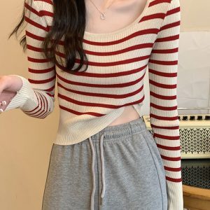 Y2K Striped Crop Top Women's Jazz Dance Outfit - Trendy K-Pop Style Knitwear for Hot Girl Looks