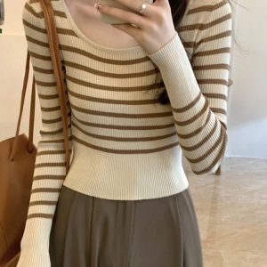Y2K Striped Crop Top Women's Jazz Dance Outfit - Trendy K-Pop Style Knitwear for Hot Girl Looks