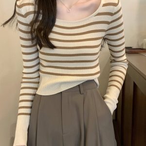 Y2K Striped Crop Top Women's Jazz Dance Outfit - Trendy K-Pop Style Knitwear for Hot Girl Looks