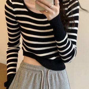 Y2K Striped Crop Top Women's Jazz Dance Outfit - Trendy K-Pop Style Knitwear for Hot Girl Looks