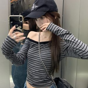 Y2K Striped K-Pop Jazz Dance Top - Women's Slim-Fit Long Sleeve T-Shirt for Internet Celebrity Style