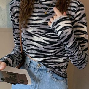 Y2K Striped Long Sleeve T-Shirt for Women, Short Style, K-Pop Inspired, Jazz Dance Top, Wasteland Fashion