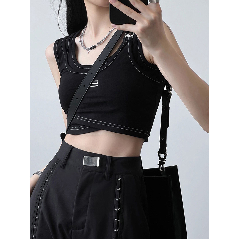 Y2K Style Sweet and Spicy Wasteland Wind Top - Girls' Fake Two-Piece Vest for Jazz Dance and K-Pop Outfits