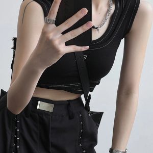 Y2K Style Sweet and Spicy Wasteland Wind Top - Girls' Fake Two-Piece Vest for Jazz Dance and K-Pop Outfits