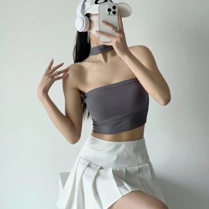 Y2K Summer Halter Neck Tank Top, Fitted Strapless Spicy Girl Outerwear, Trendy Pure Desire Design