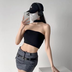 Y2K Summer Halter Neck Tank Top, Fitted Strapless Spicy Girl Outerwear, Trendy Pure Desire Design