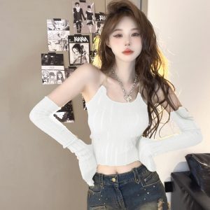 Y2K Sweet and Spicy Short Tank Top with Sleeves - European and American Jazz Dance K-Pop Wasteland Style