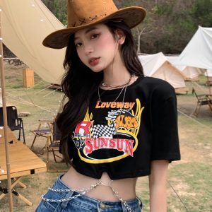 Y2K Sweet & Spicy Jazz Dance Top for Women - Short K-Pop Style T-Shirt for Music Festivals and Dance Events