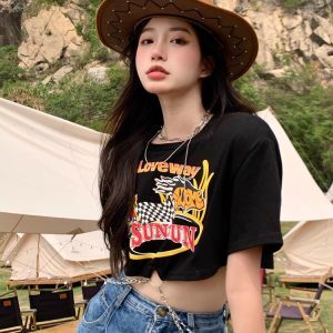 Y2K Sweet & Spicy Jazz Dance Top for Women - Short K-Pop Style T-Shirt for Music Festivals and Dance Events