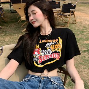Y2K Sweet & Spicy Jazz Dance Top for Women - Short K-Pop Style T-Shirt for Music Festivals and Dance Events