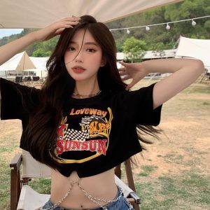 Y2K Sweet & Spicy Jazz Dance Top for Women - Short K-Pop Style T-Shirt for Music Festivals and Dance Events