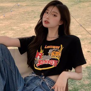 Y2K Sweet & Spicy Jazz Dance Top for Women - Short K-Pop Style T-Shirt for Music Festivals and Dance Events