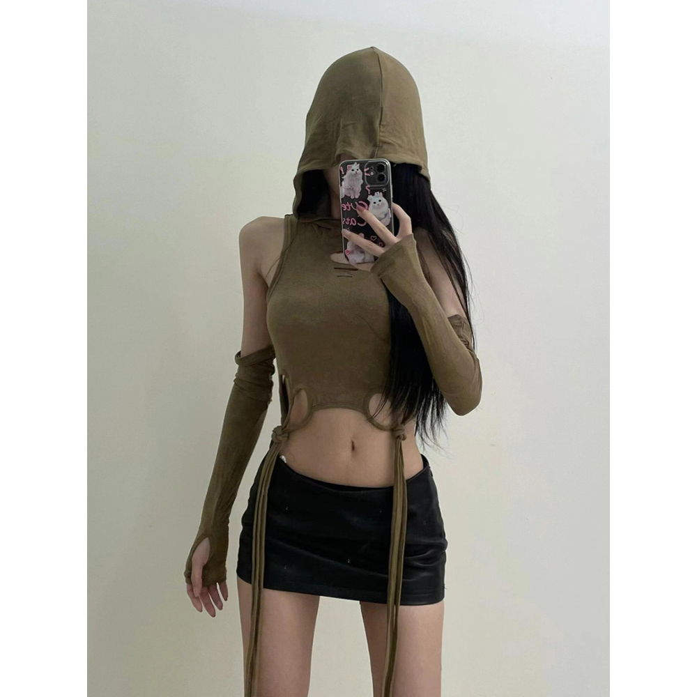 Y2K Wasteland Style Abby Jazz Dance Top for Women - Hooded Sleeve Music Festival K-Pop Outfit