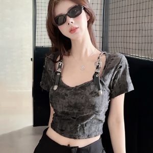 Y2K Wasteland Style Short Sleeve T-Shirt for Women - Perfect for Music Festival Outfits and Jazz Dance Tops