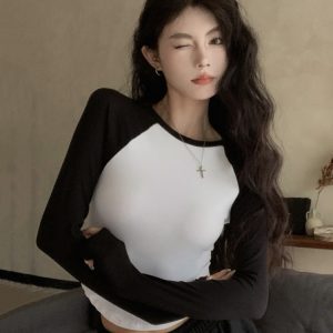 Y2K Women's Long-Sleeve T-Shirt for Jazz Dance & K-Pop Group Performances - Trendy Autumn Festival Outfit